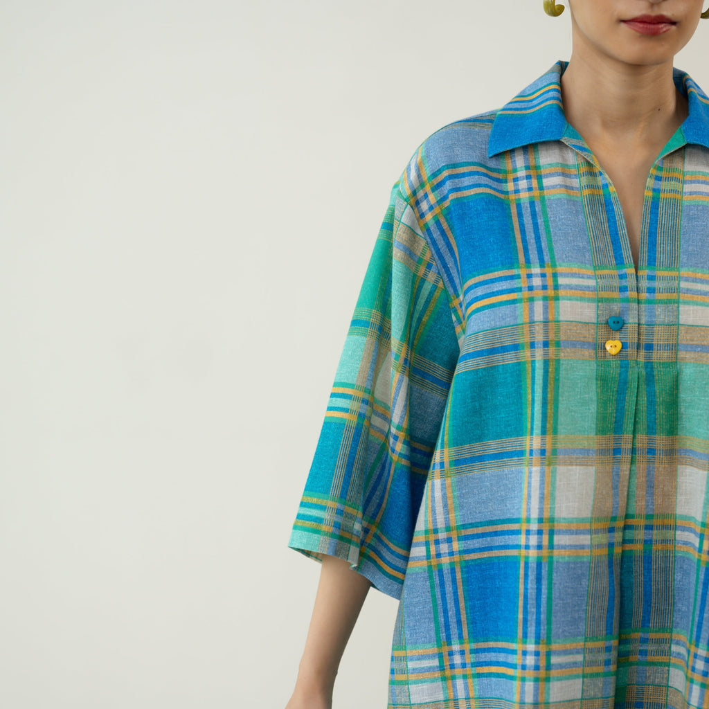 Zoya Blue Plaid Cotton Co-ord Set with Embroidered Palazzo