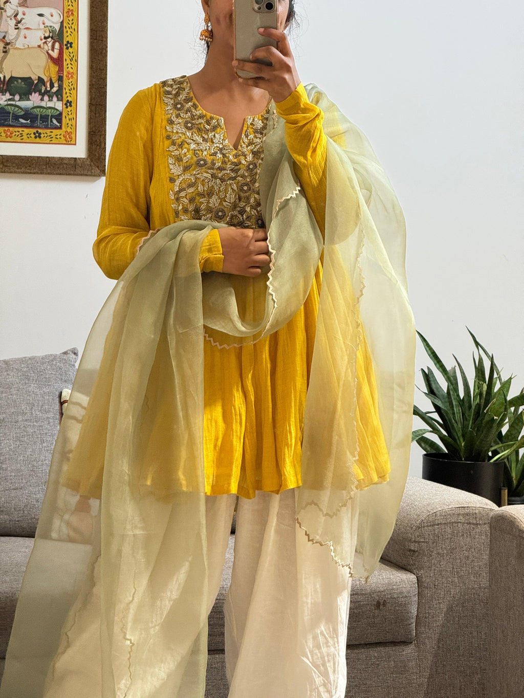 Yellow Mul chanderi embroidered Anarkali with Farshi Salwar