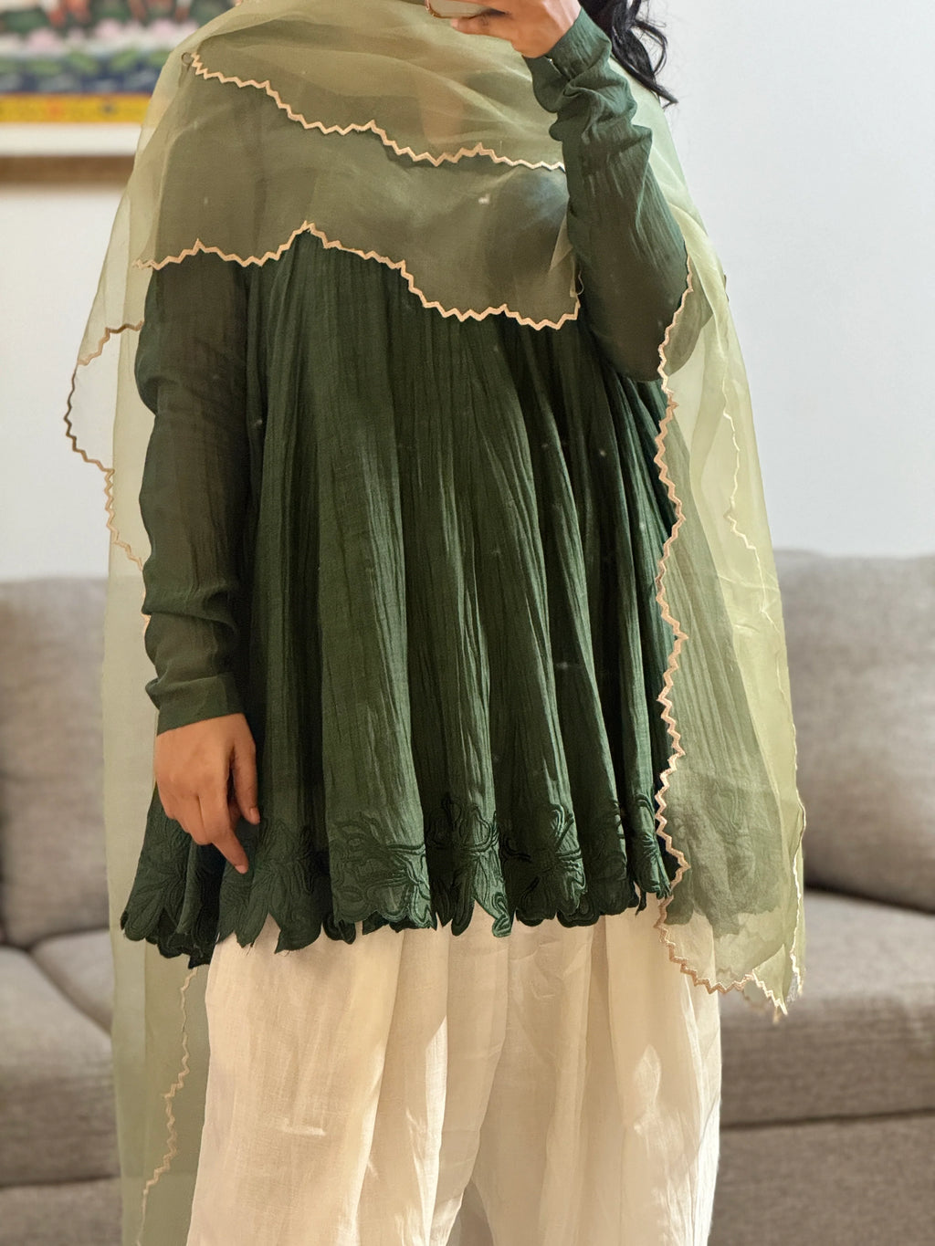 Olive green stylish Anarkali with Farshi Salwar
