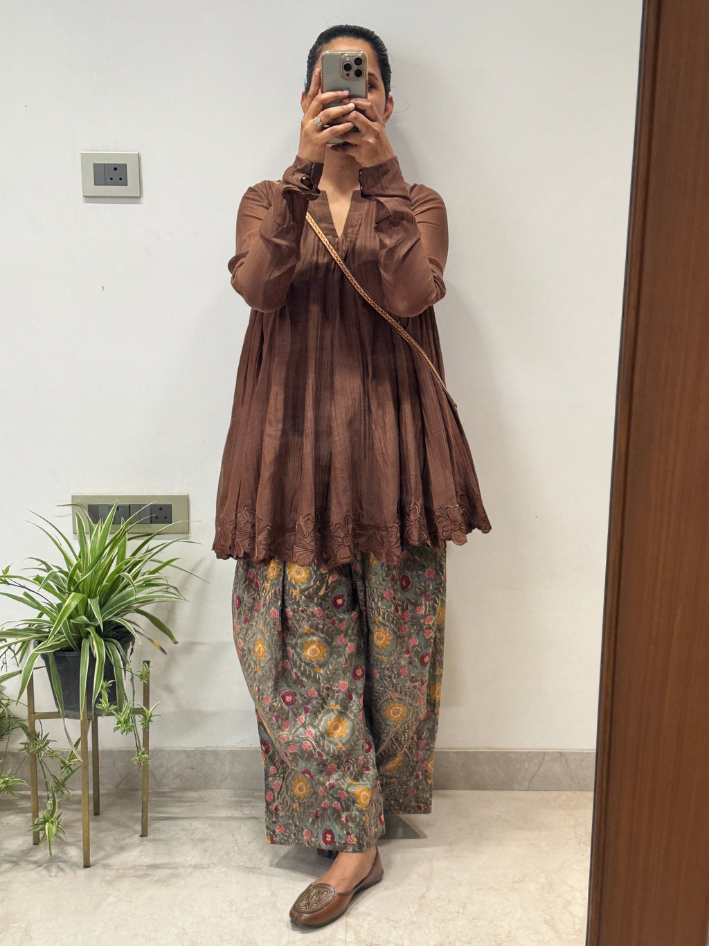 Brown Anarkali with Cotton Farshi Salwar