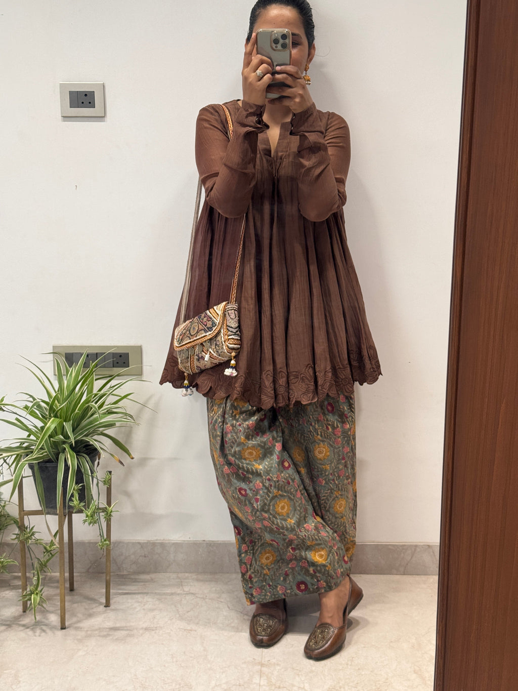 Brown Anarkali with Cotton Farshi Salwar