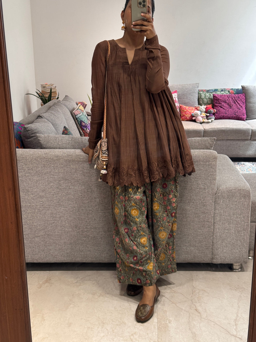 Brown Anarkali with Cotton Farshi Salwar
