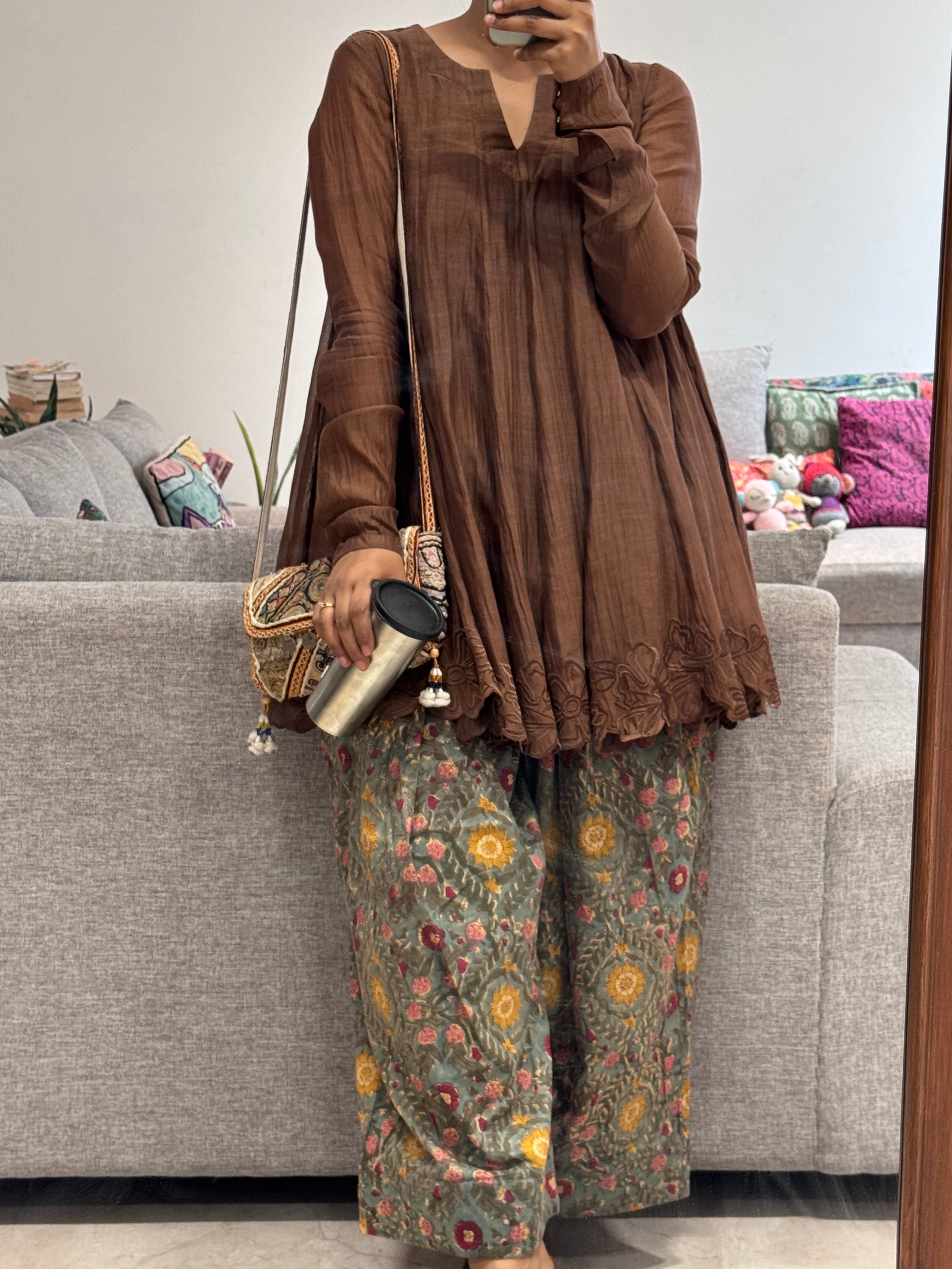 Brown Anarkali with Cotton Farshi Salwar