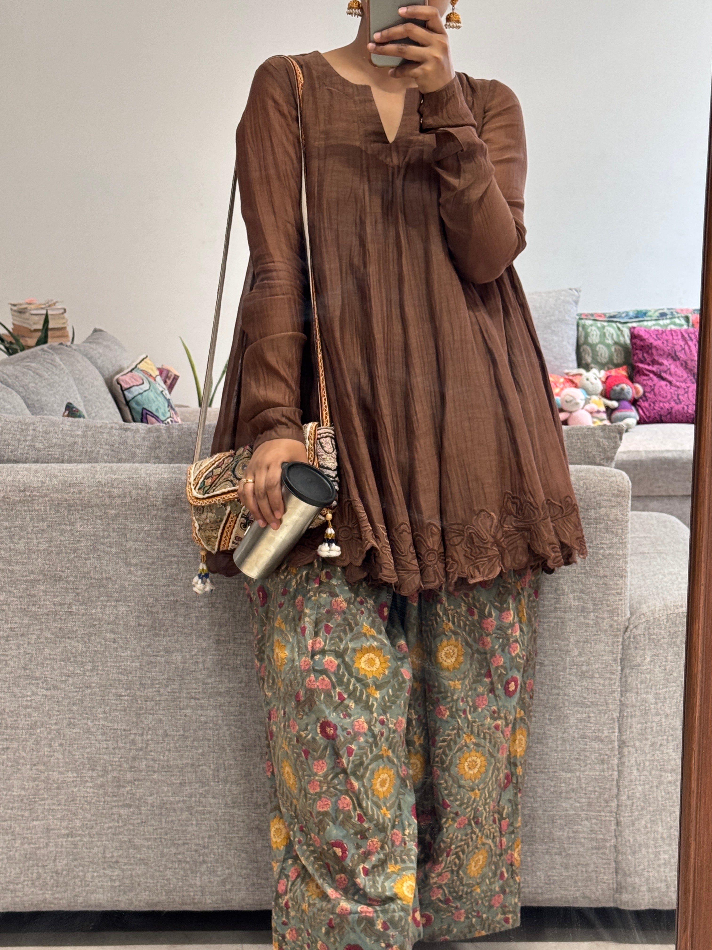Brown Anarkali with Cotton Farshi Salwar