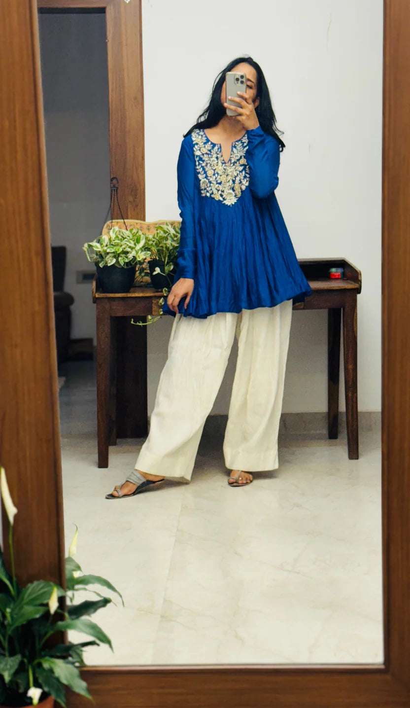 Noor-e-Neel Blue Mul chanderi Farshi salwar Kurta set