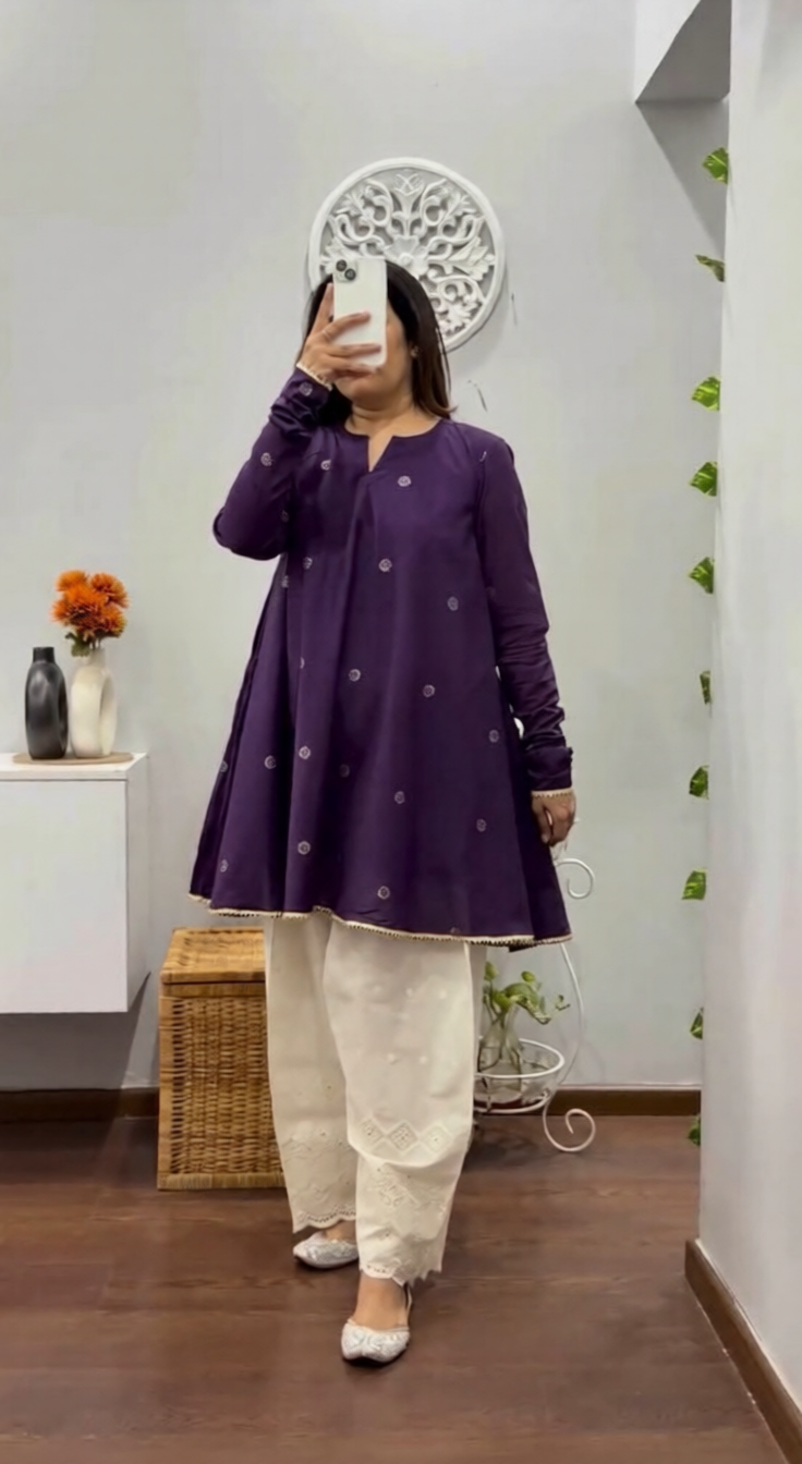 Mirza Purple Embroidered A-Line Kurta Trouser Set