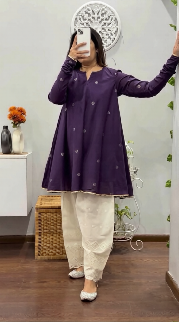 Mirza Purple Embroidered A-Line Kurta Trouser Set