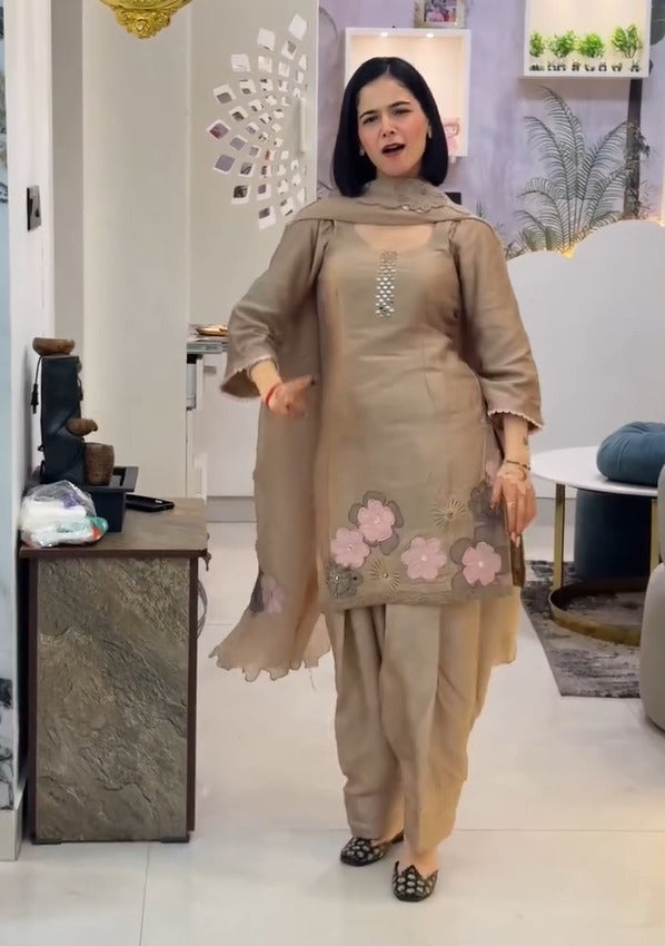 Ismera Taupe Floral Appliqué Suit Set