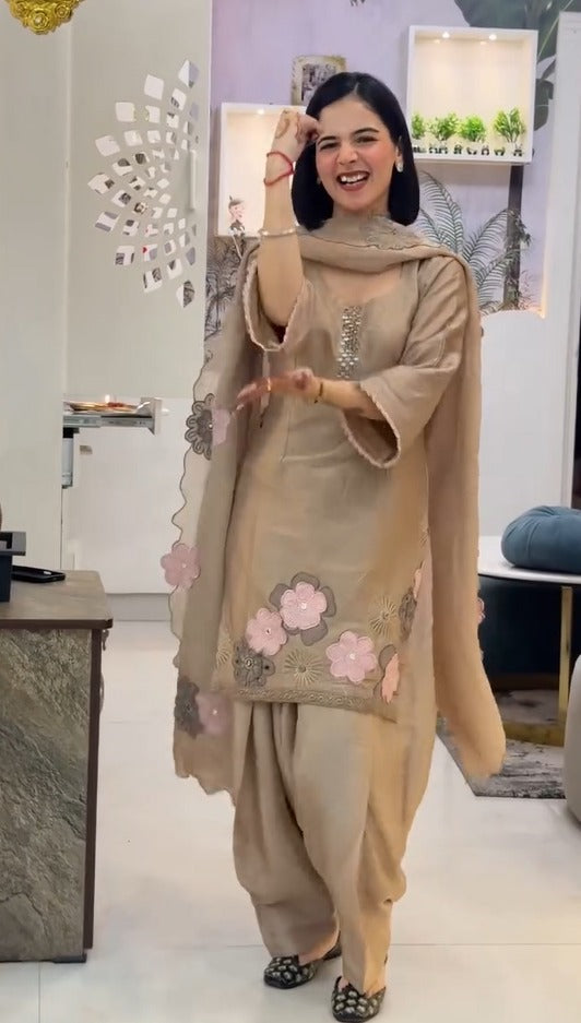 Ismera Taupe Floral Appliqué Suit Set