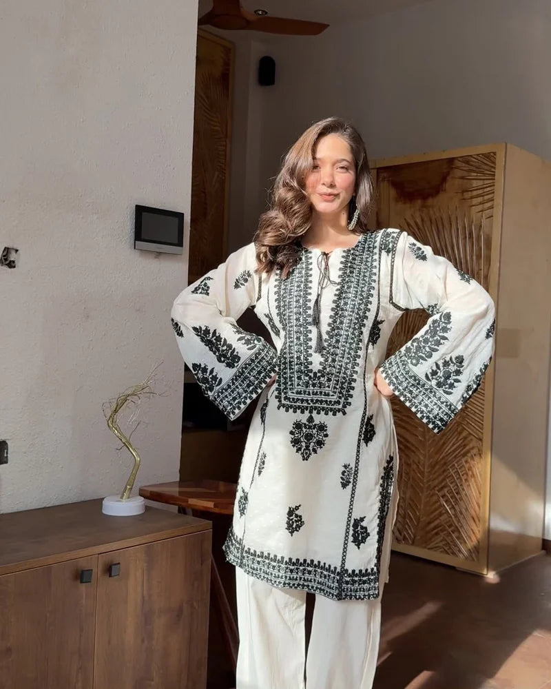 Aarika Ivory Black Embroidered Cotton Kurta Pant Set