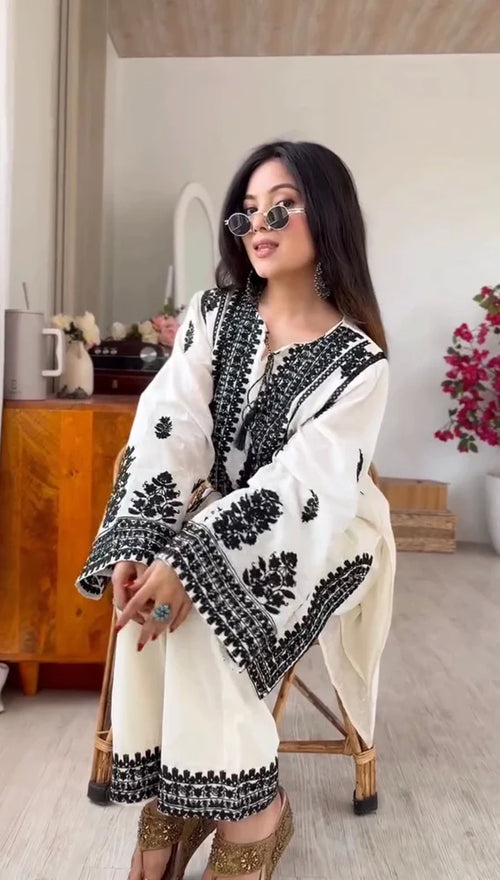 Aarika Ivory Black Embroidered Cotton Kurta Pant Set